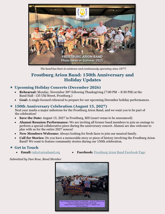 Click to View as PDF Arion Band 150th Updates